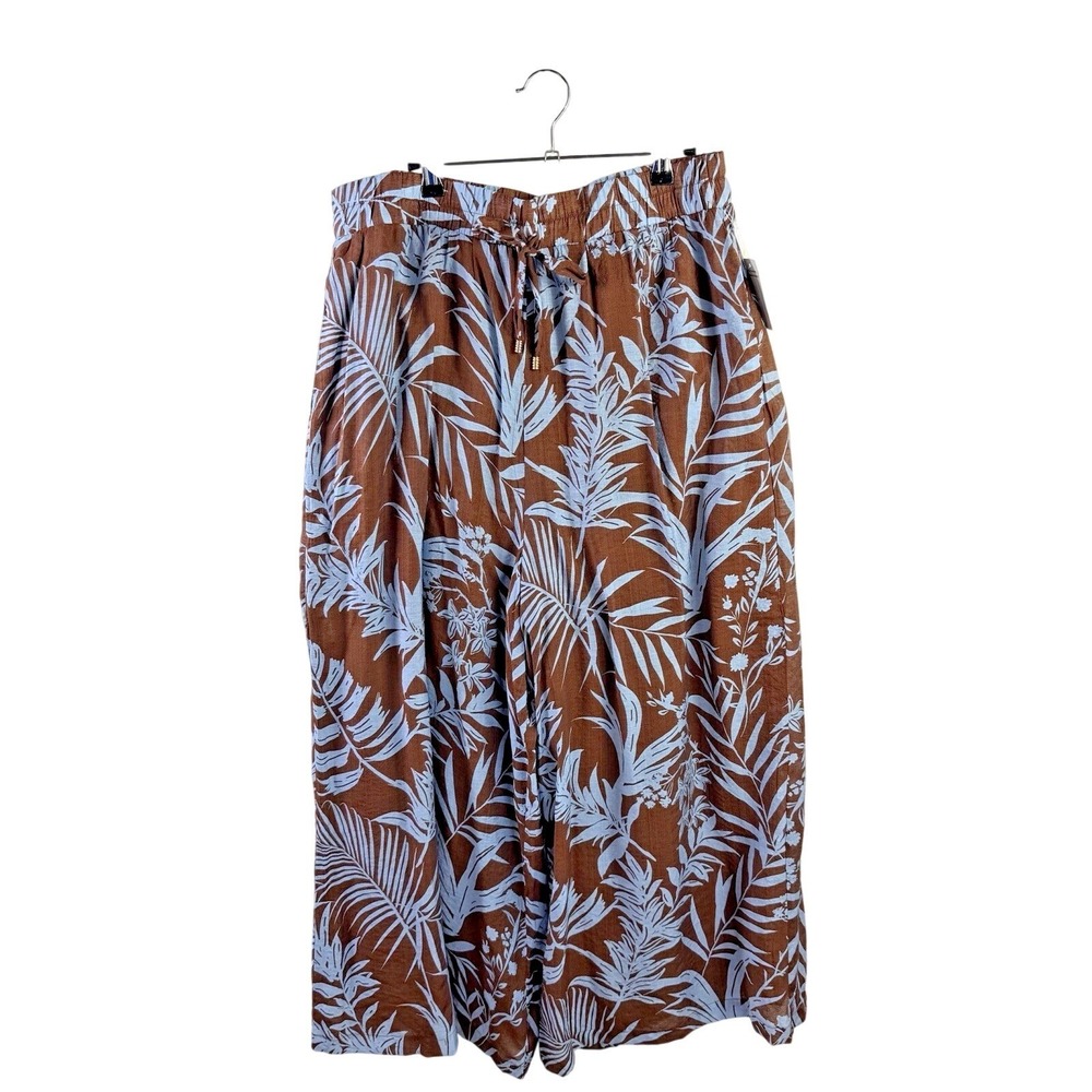 NWT CeCe Wide Leg Tropical Palm Pants Brown & Blue Lined Pockets Size Large
